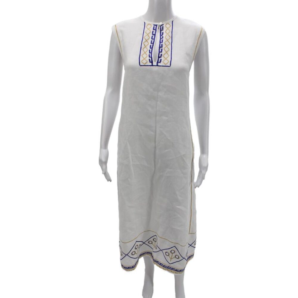 Thierry Colson Women Shift Dress Sleeveless Linen Geometric White Size M